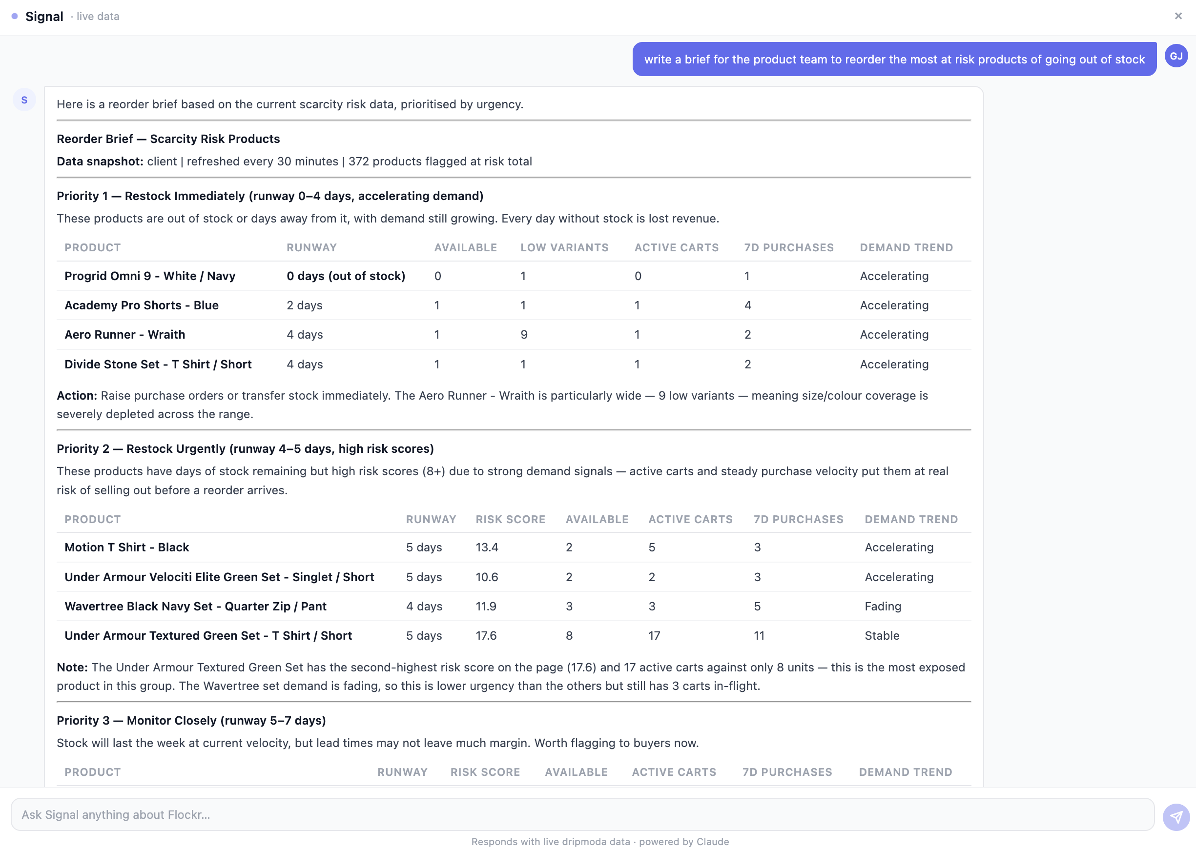 Signal writing a reorder brief prioritised by scarcity risk