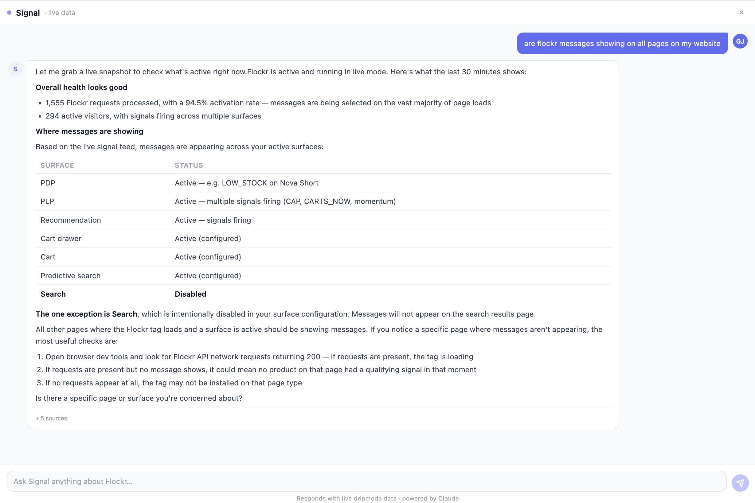 Signal confirming which surfaces are firing and which are disabled