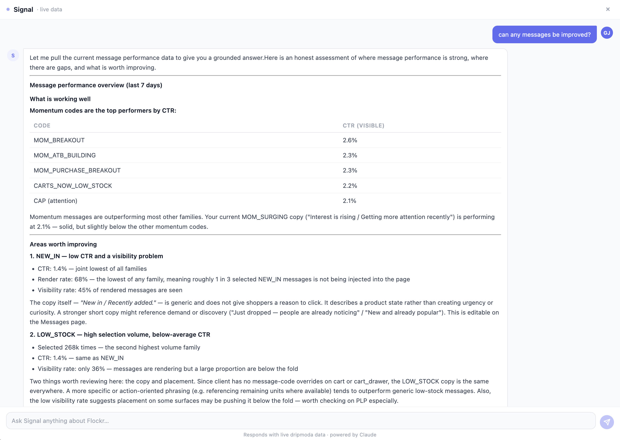 Signal reviewing message performance across signal families